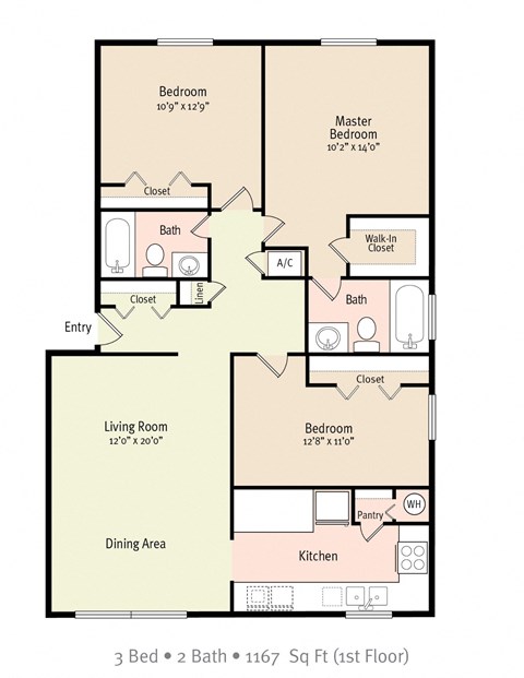 Floor plan for 3 beds, 2 baths, 1167 sqft